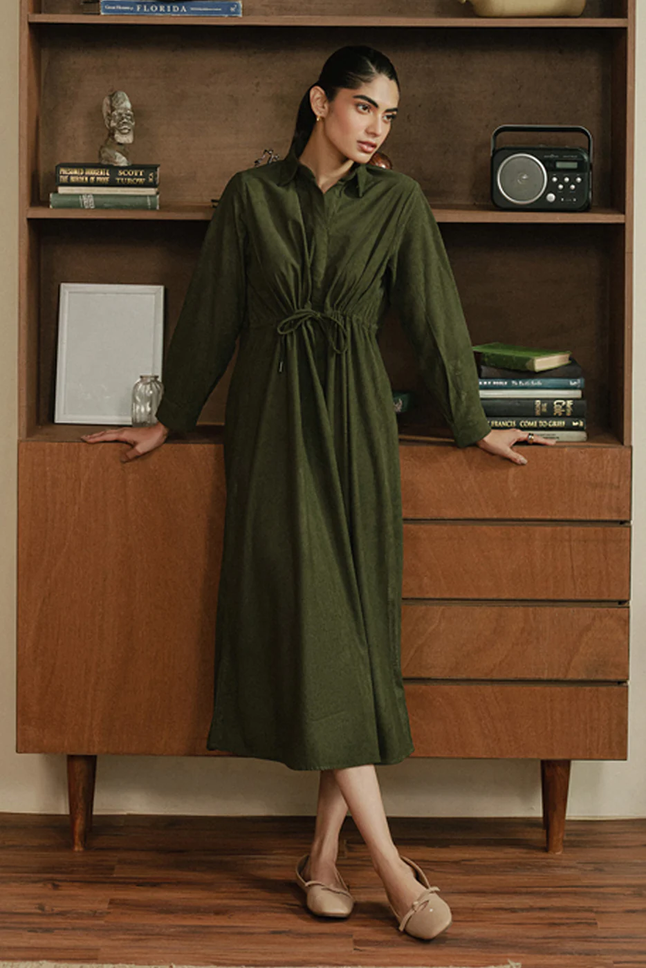 OLIVE GREEN CORDUROY DRESS