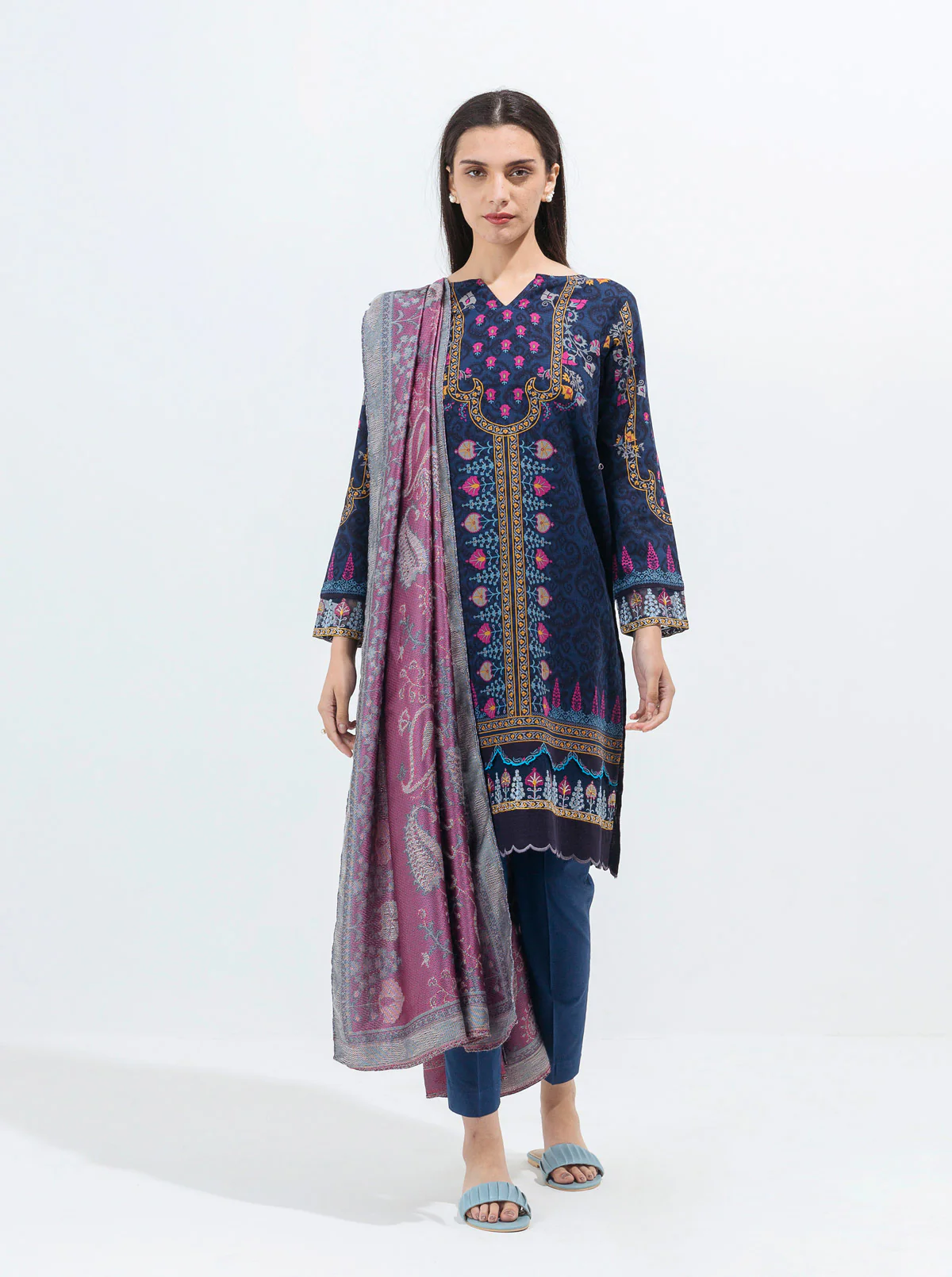 LAPIS NAVY-EMBROIDERED WITH SHAWL-3P (UNSTITCHED)