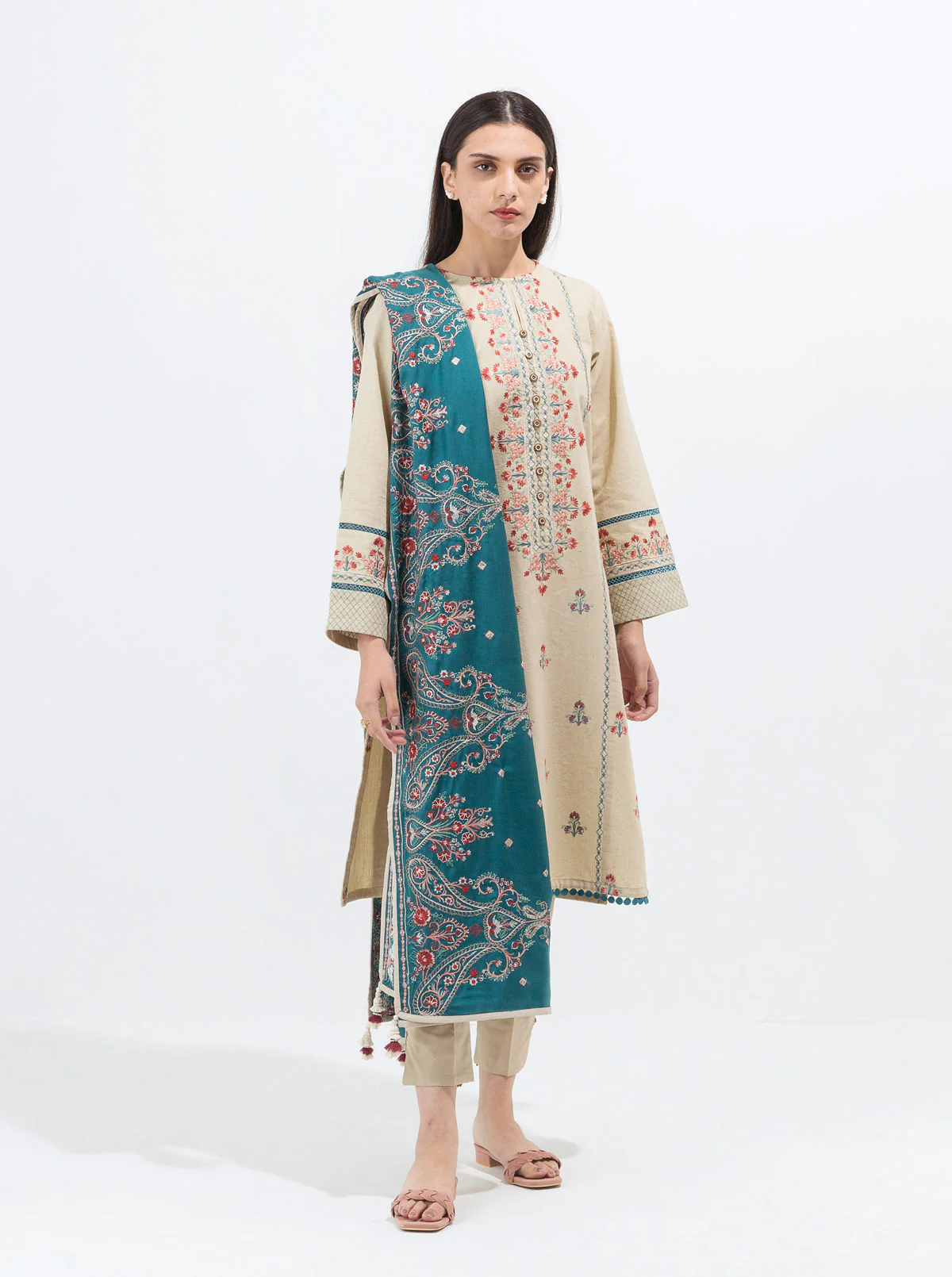 BEIGE MIST-EMBROIDERED WITH SHAWL-3P (UNSTITCHED)