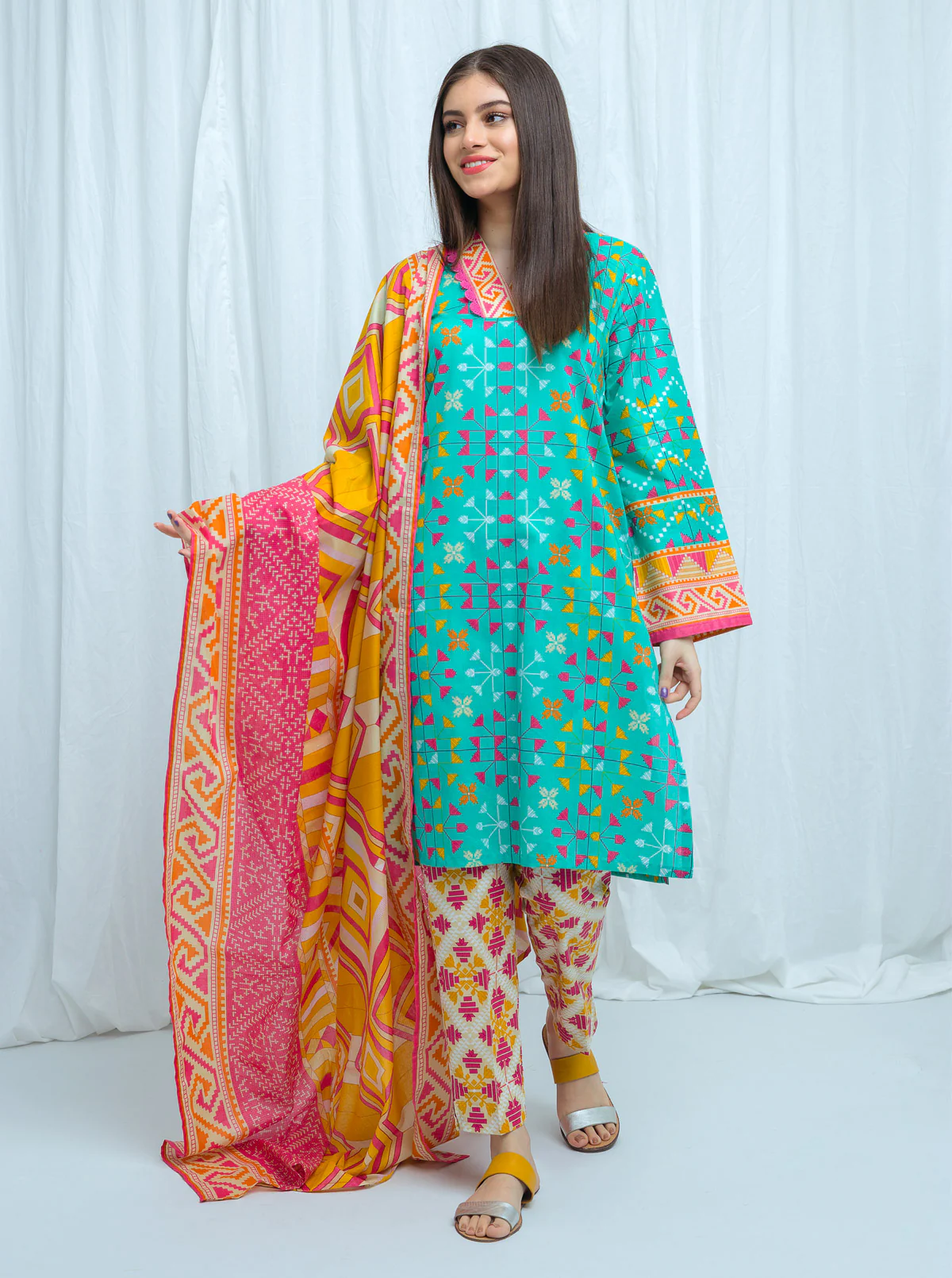 TURQUOISE TWIST-PRINTED-3P (UNSTITCHED)