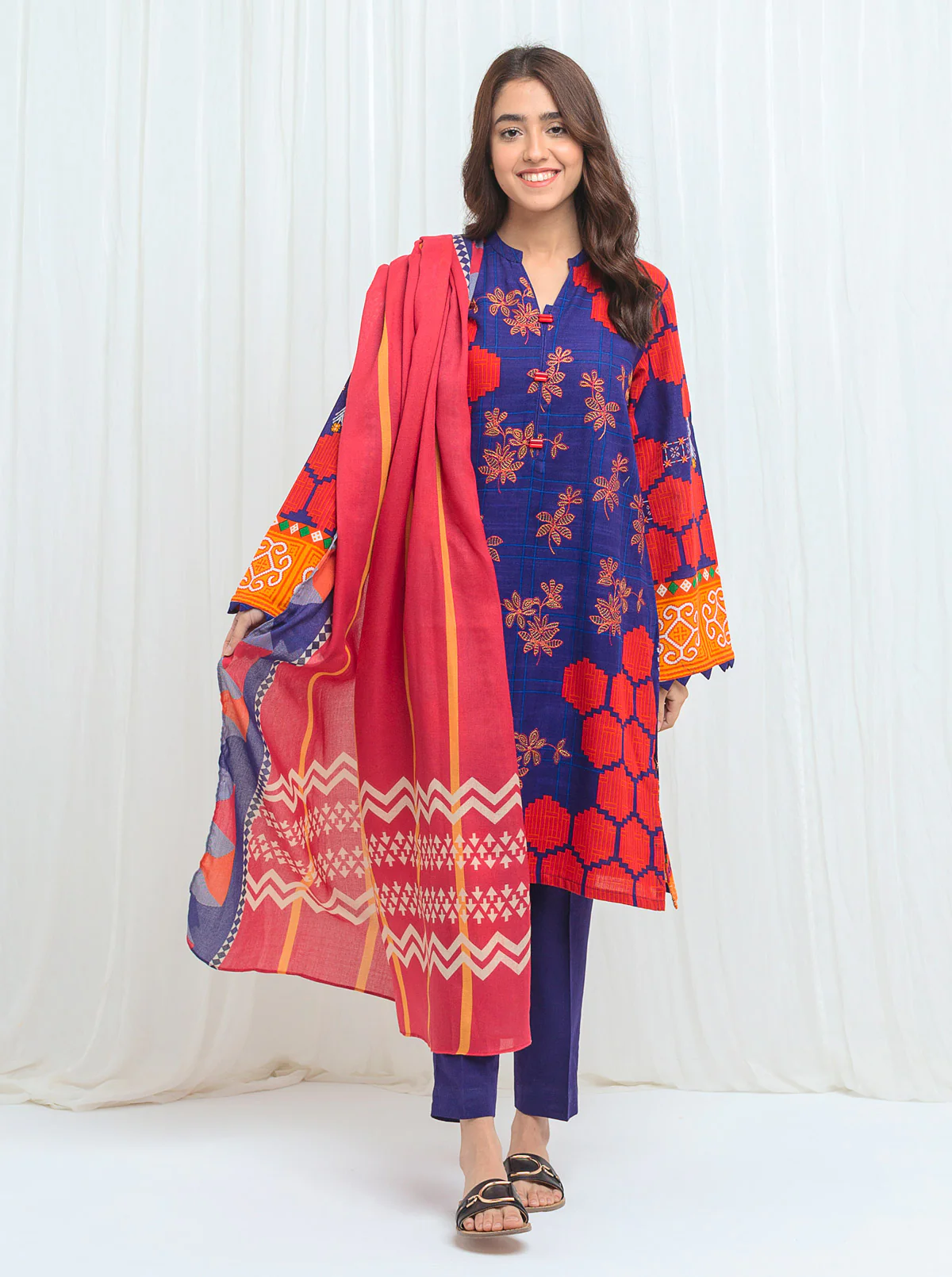 Blissful Blue With Printed Shawl - 3P