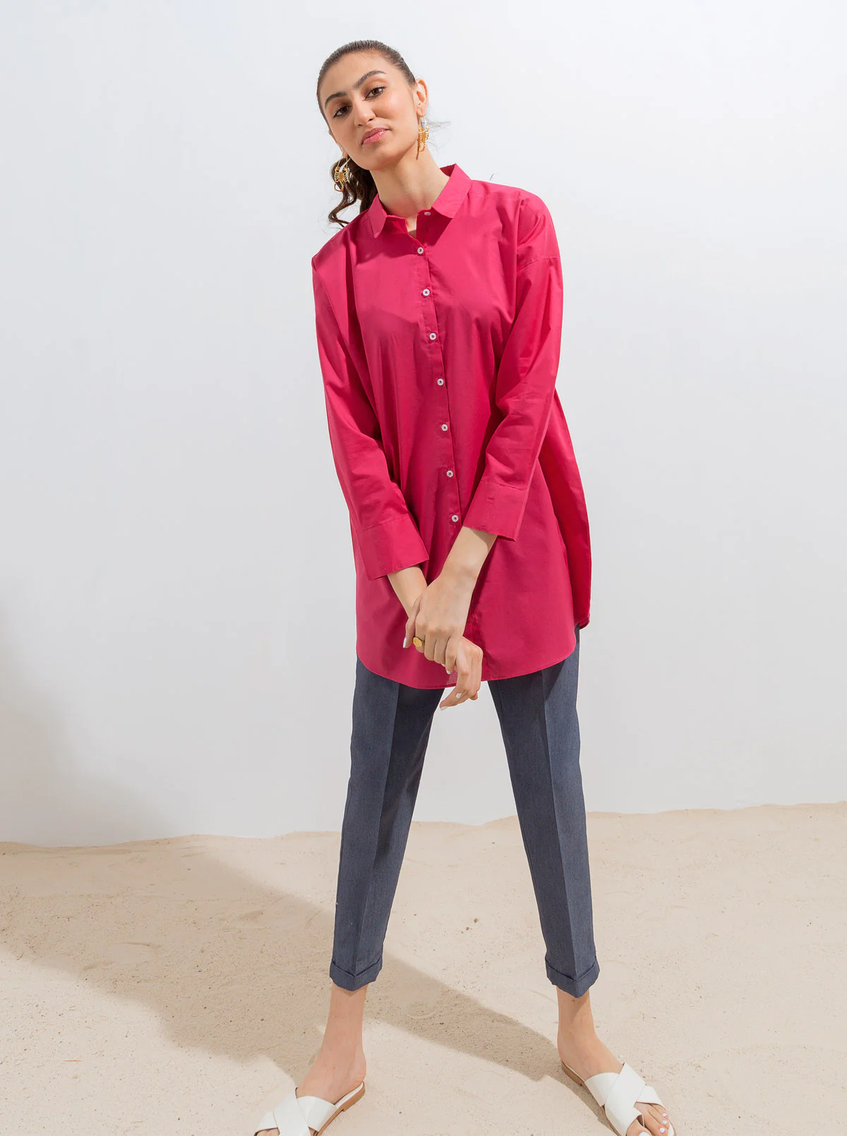 ROSE RED LONG BUTTONED SHIRT