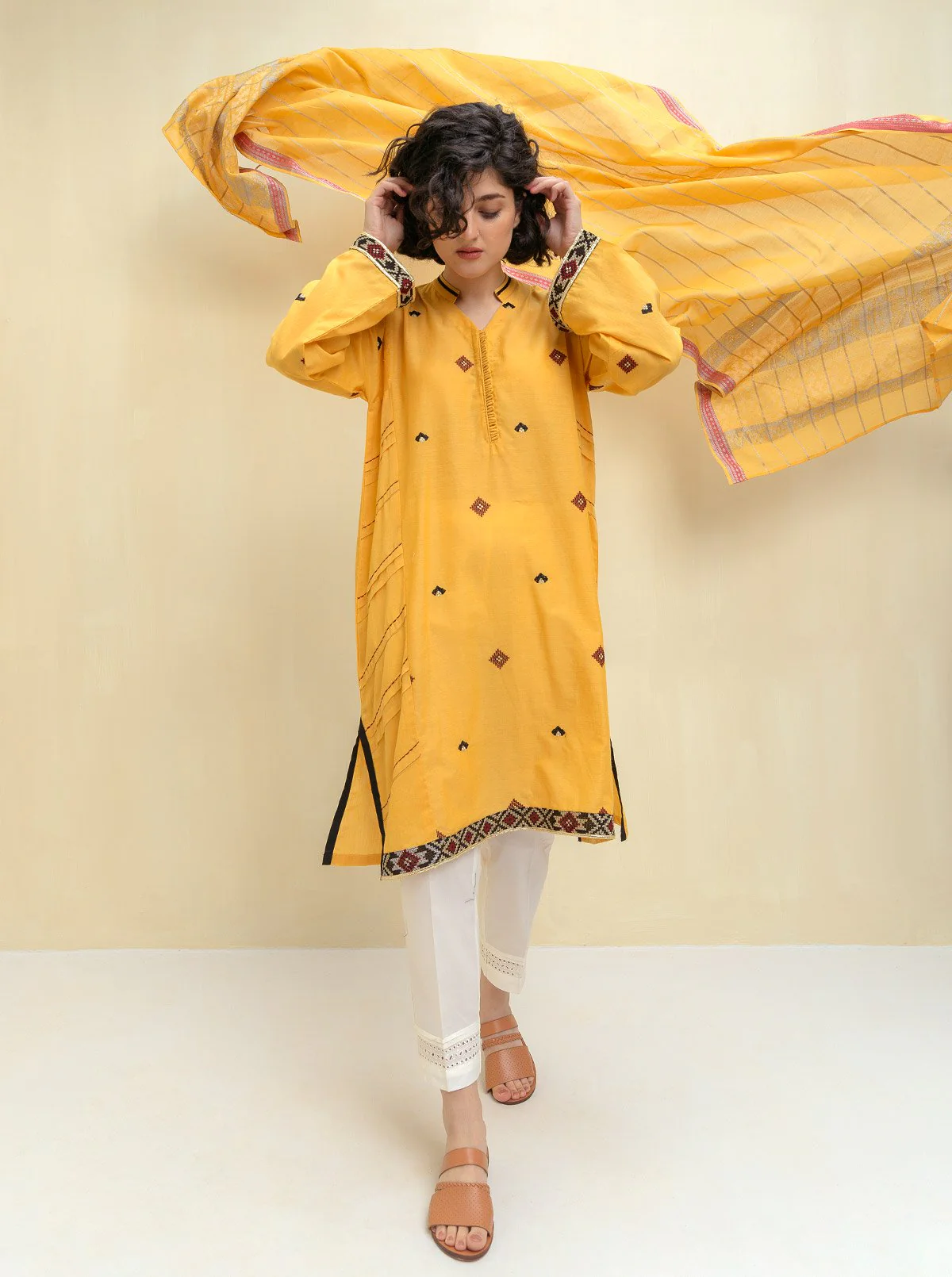 2 PIECE EMBROIDERED CHAMBRAY SUIT (PRET)