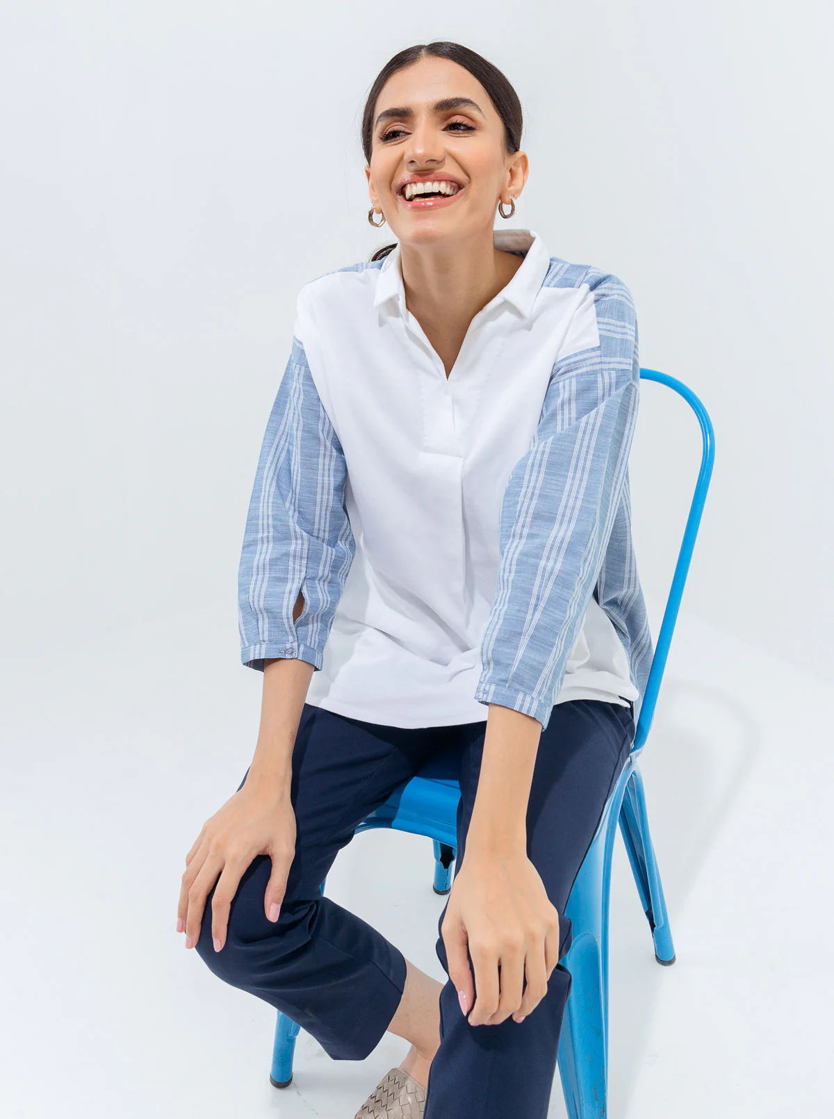 STRIPED PIQUE COLLAR TOP