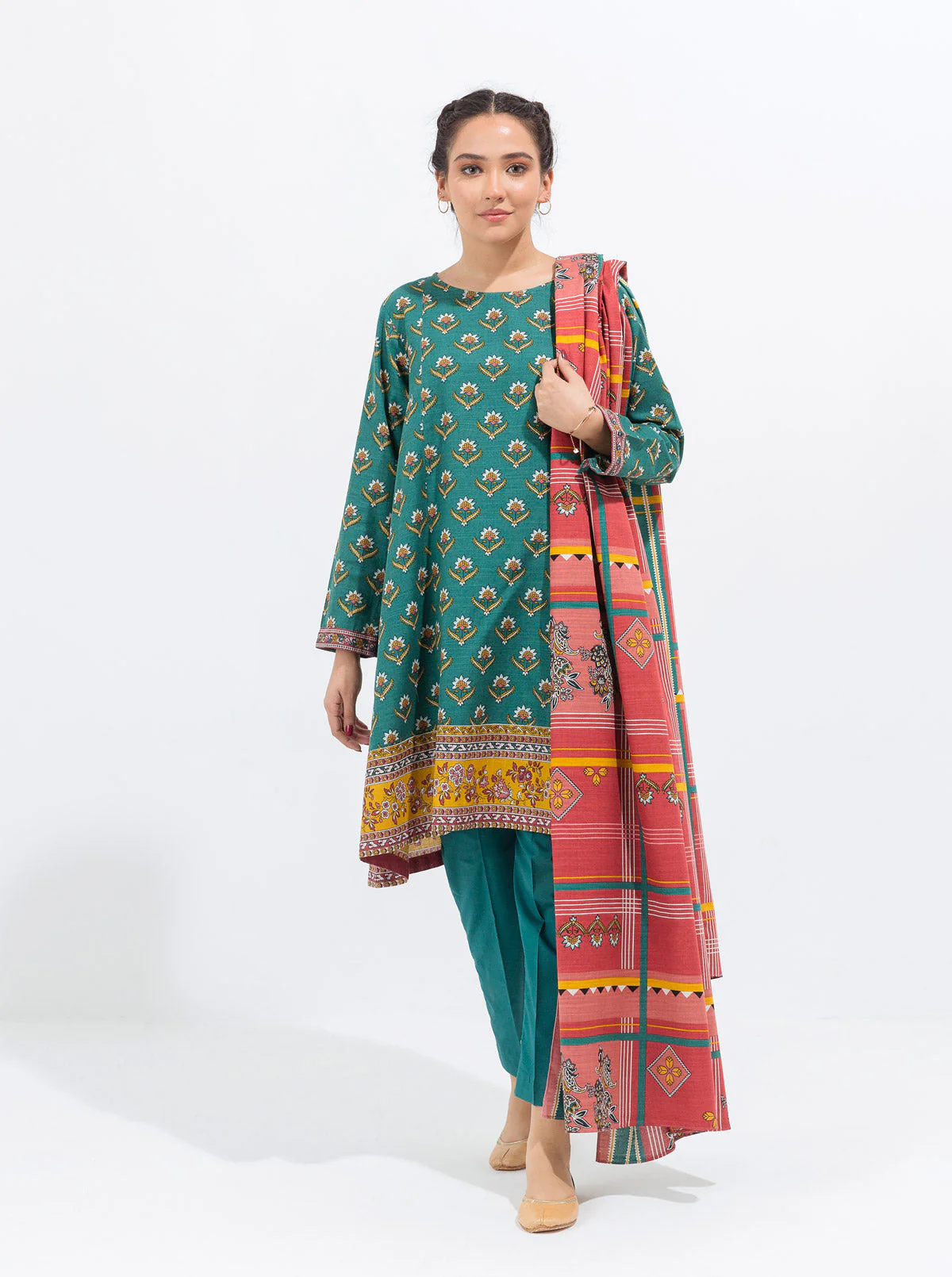 3 PIECE - PRINTED KHADDAR SUIT - HAZY TEAL