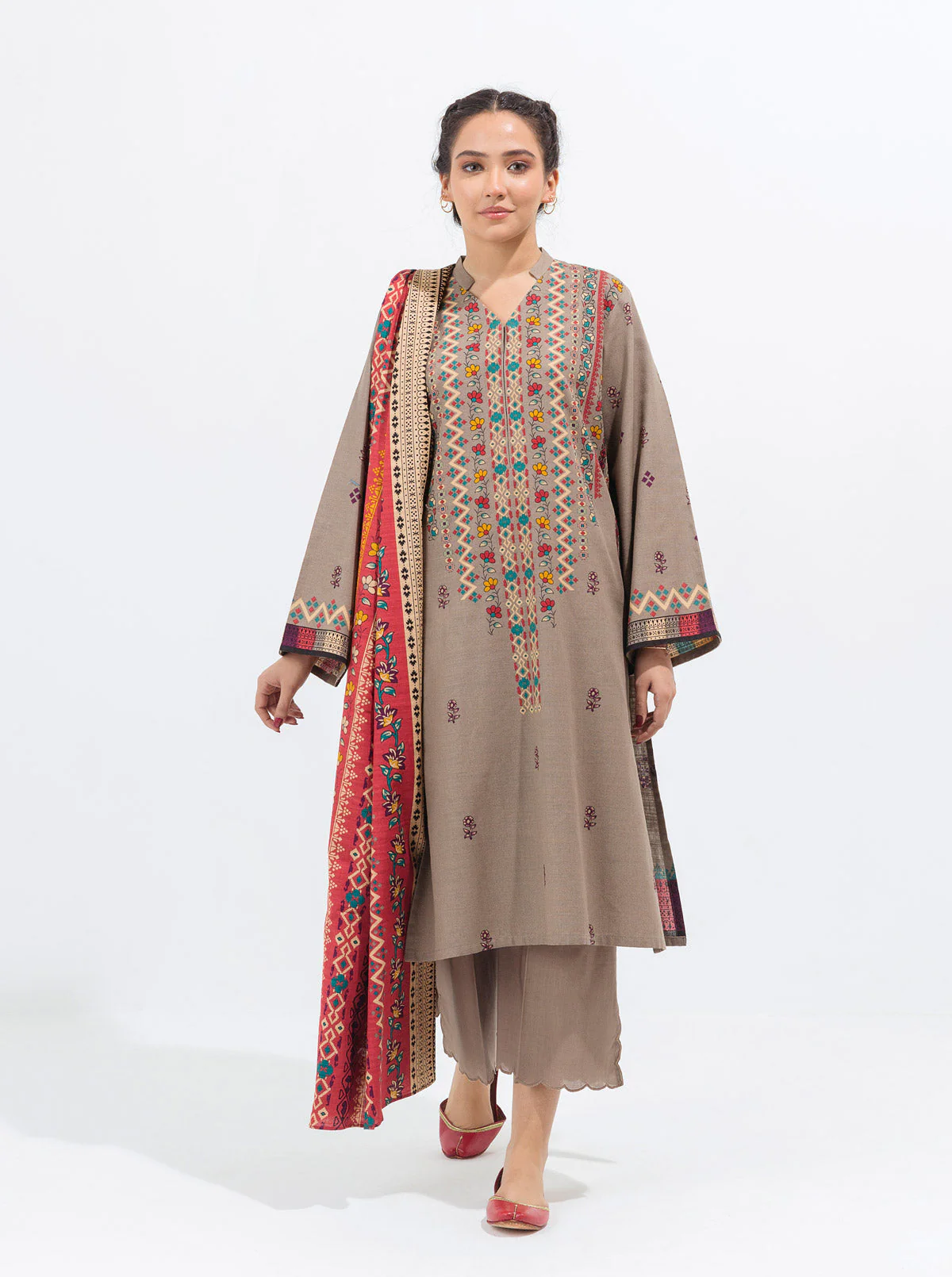 3 PIECE - PRINTED KHADDAR SUIT - TAUPE HUES