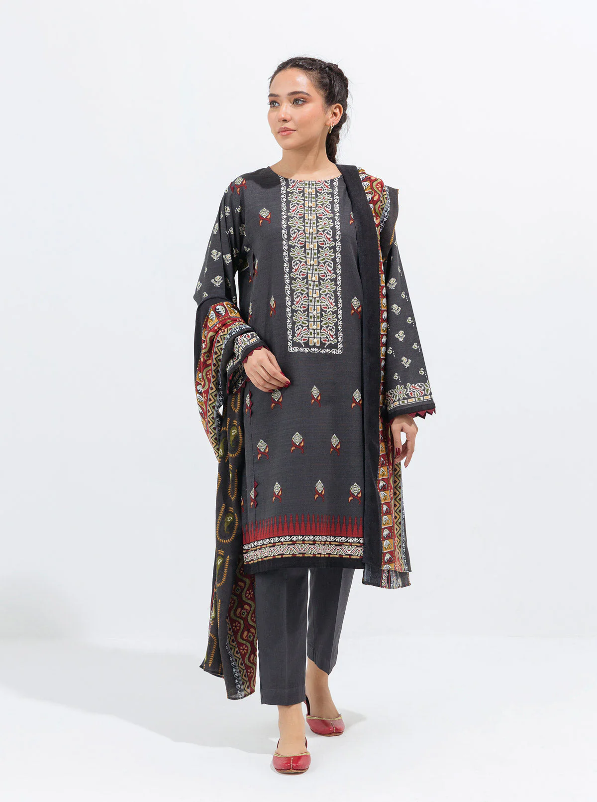 3 PIECE - PRINTED WITH SHAWL KHADDAR SUIT - GLORIOUS GREY