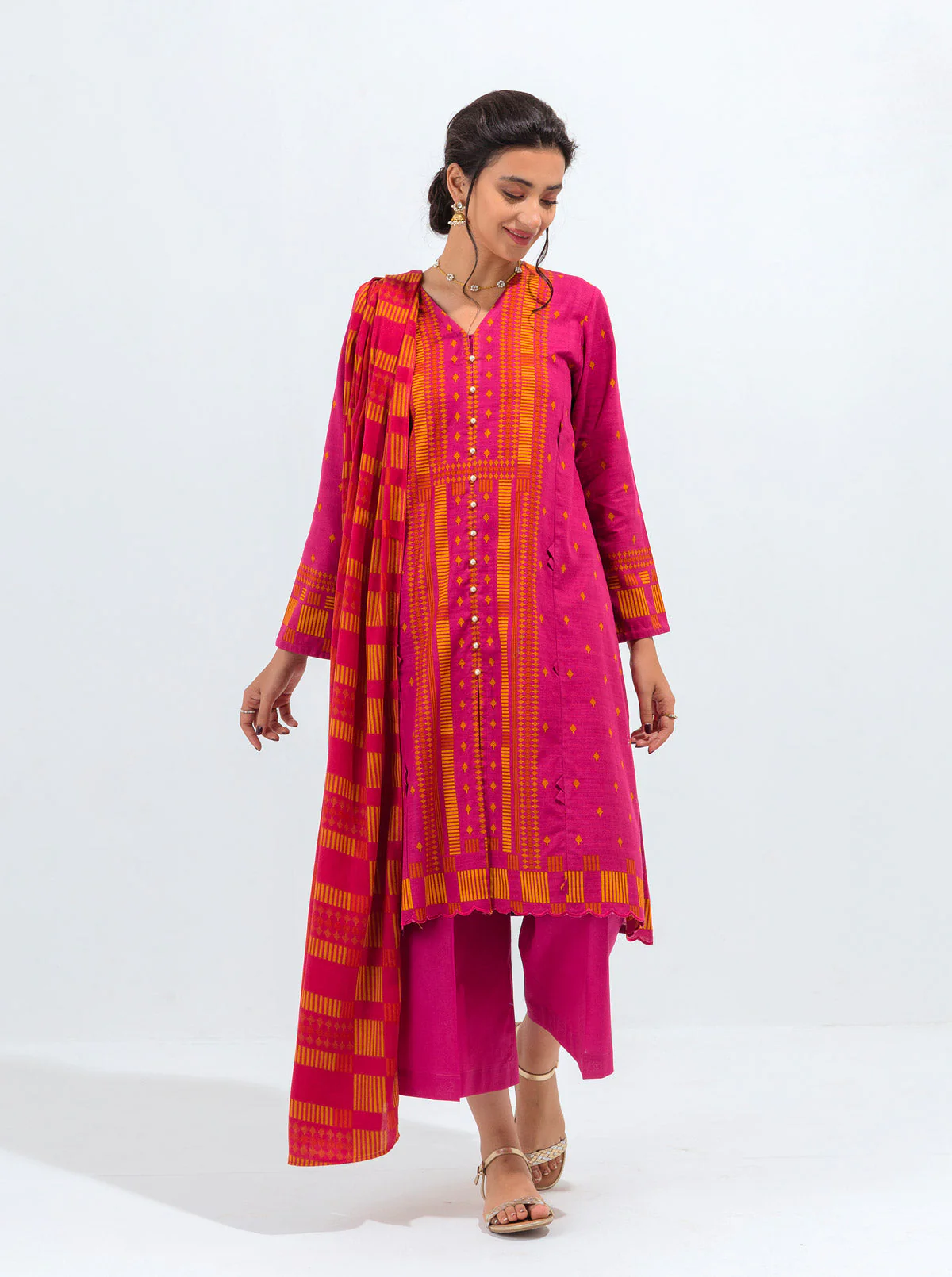 3 PIECE - PRINTED WITH SHAWL KHADDAR SUIT - PERFECT PINK