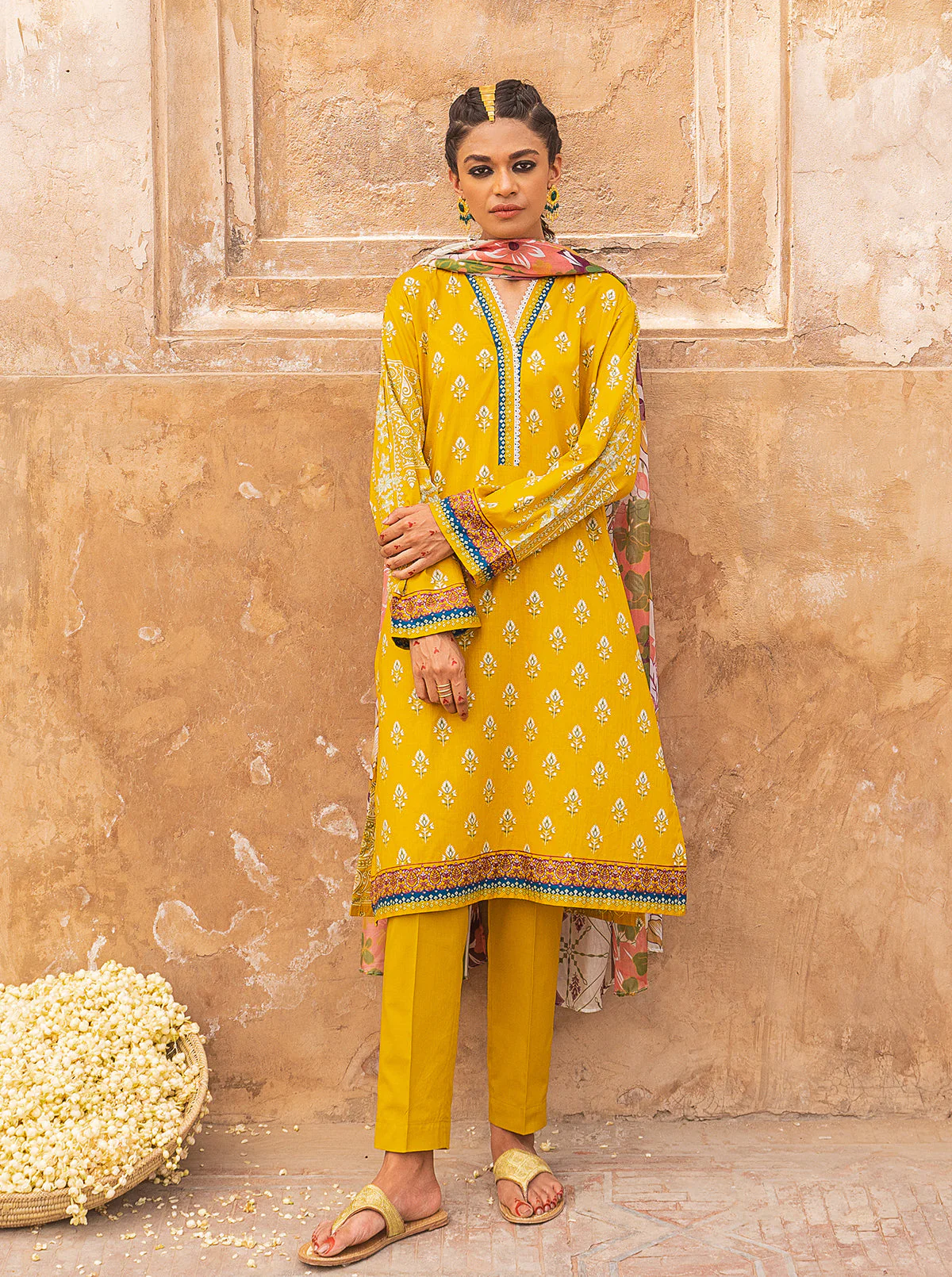 3 PIECE - PRINTED LAWN SUIT - YELLOW OCHRE